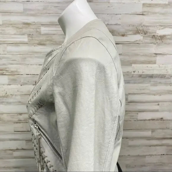 BlankNYC Moto Faux Leather Jacket Womens Size M Gray Lacing Fringe Zip Front - Picture 8 of 16